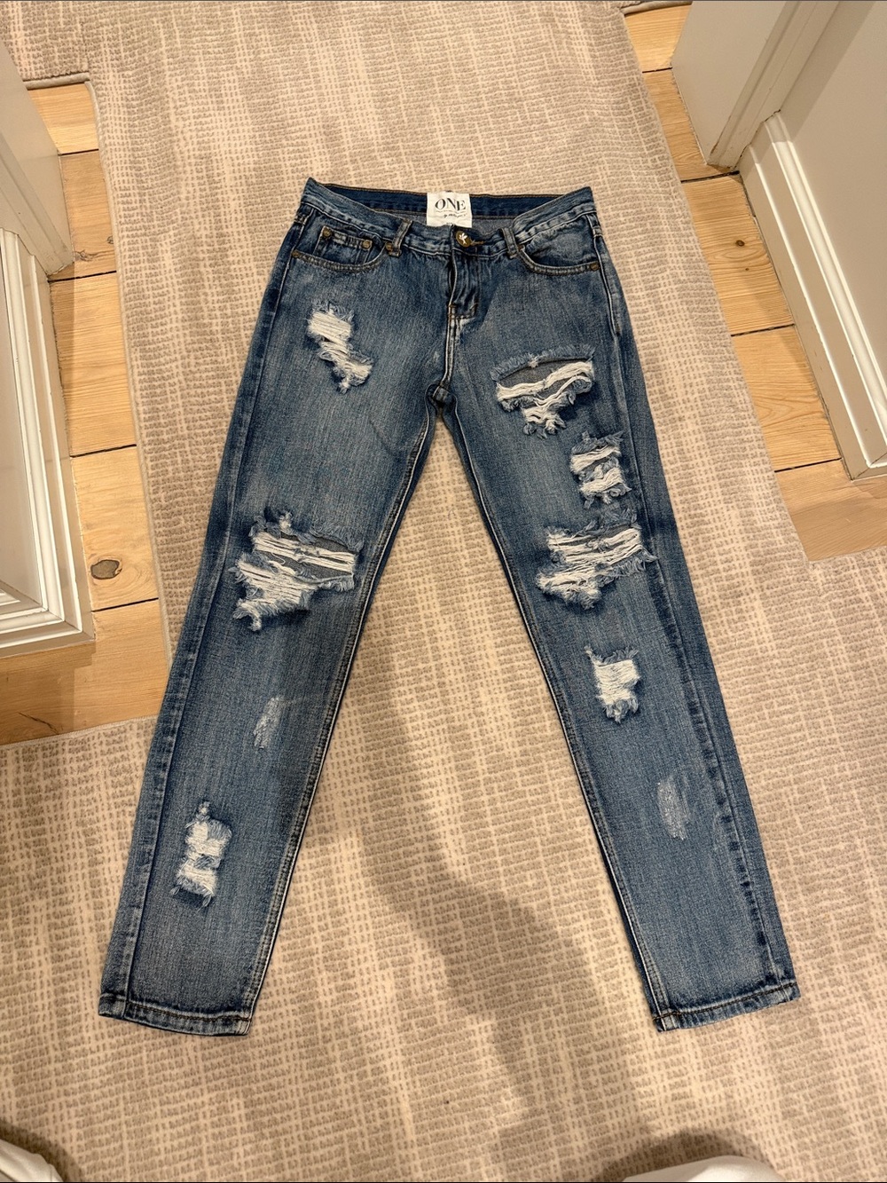 One Teaspoon Distressed Boyfriend Jeans in Blue Denim